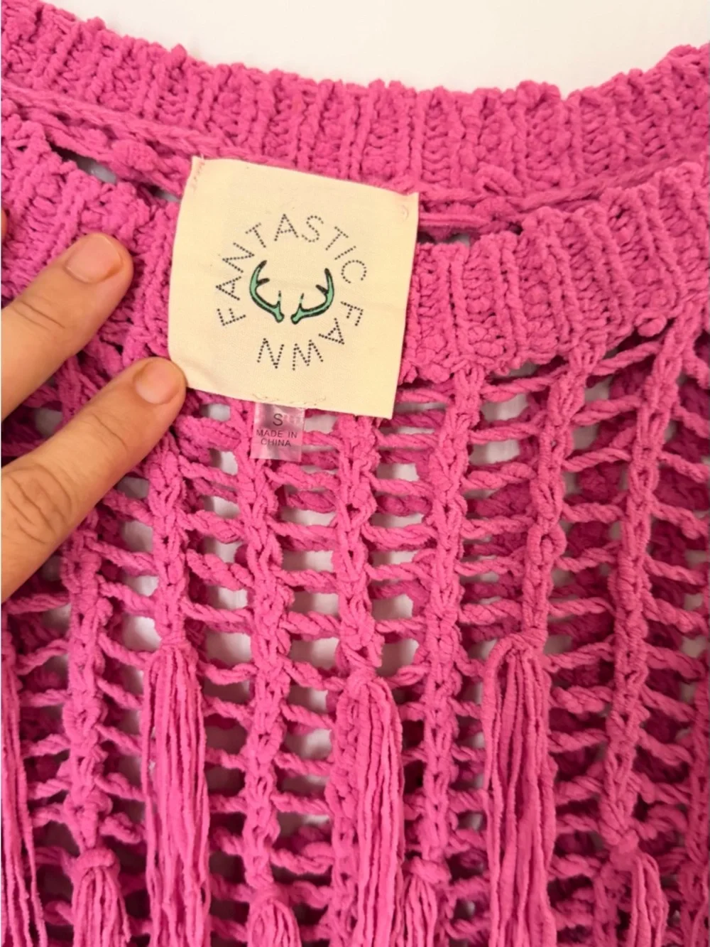 Fantastic Fawn Open-Knit Fringe Sweater — Fuchsia Pink - Picture 3 of 7